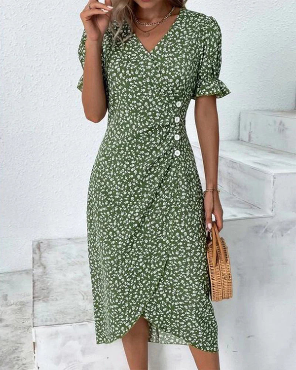 Women’s Floral Wrap Midi Dress with Ruffle Sleeves