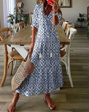 Women's Bohemian Printed V-Neck Maxi Dress with Tassel Tie Detail