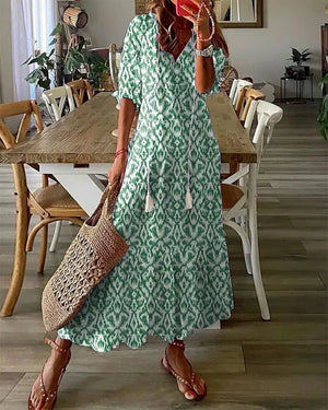 Women's Bohemian Printed V-Neck Maxi Dress with Tassel Tie Detail