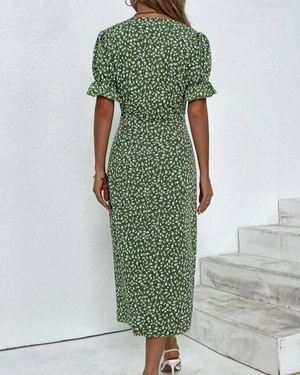 Women’s Floral Wrap Midi Dress with Ruffle Sleeves
