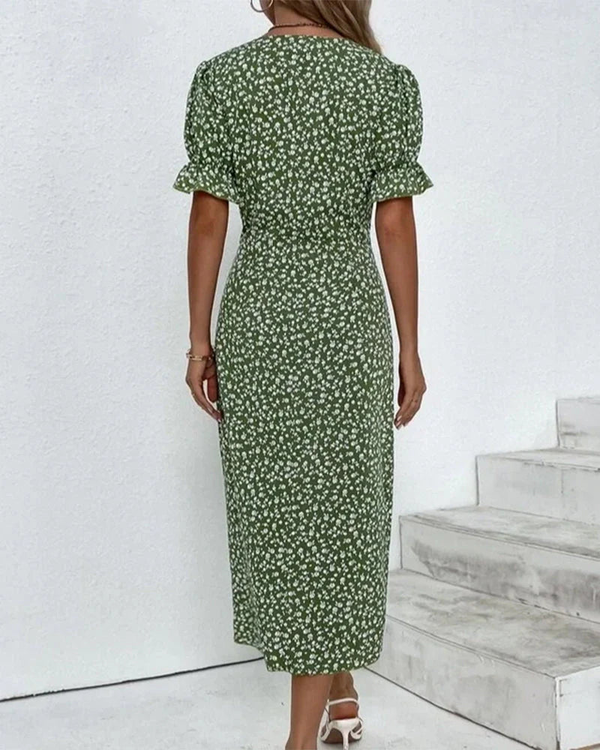 Women’s Floral Wrap Midi Dress with Ruffle Sleeves