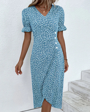 Women’s Floral Wrap Midi Dress with Ruffle Sleeves