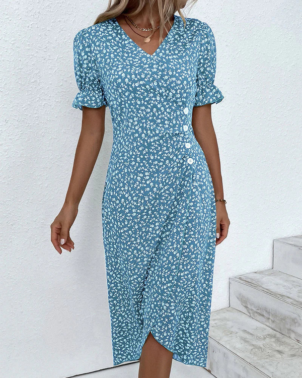 Women’s Floral Wrap Midi Dress with Ruffle Sleeves