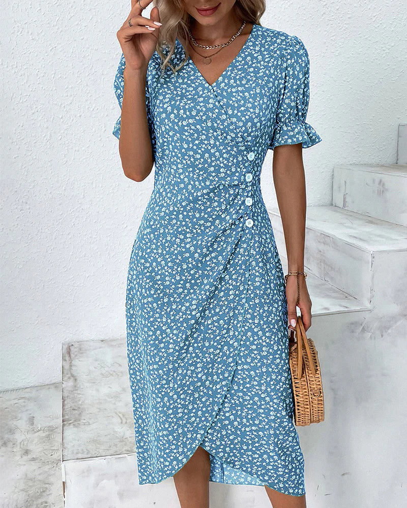 Women’s Floral Wrap Midi Dress with Ruffle Sleeves