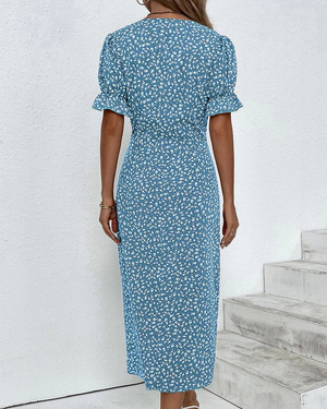 Women’s Floral Wrap Midi Dress with Ruffle Sleeves