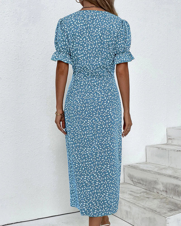 Women’s Floral Wrap Midi Dress with Ruffle Sleeves