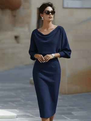 Women's Elegant Bodycon Midi Dress with Draped Neckline
