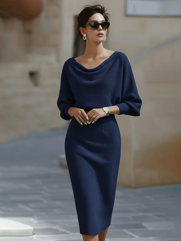 Women's Elegant Bodycon Midi Dress with Draped Neckline