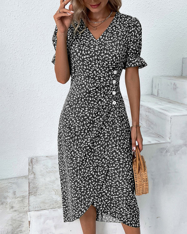 Women’s Floral Wrap Midi Dress with Ruffle Sleeves
