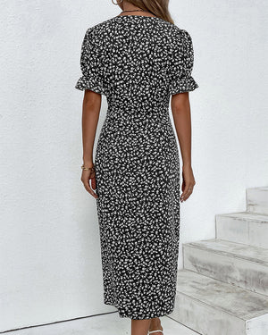 Women’s Floral Wrap Midi Dress with Ruffle Sleeves