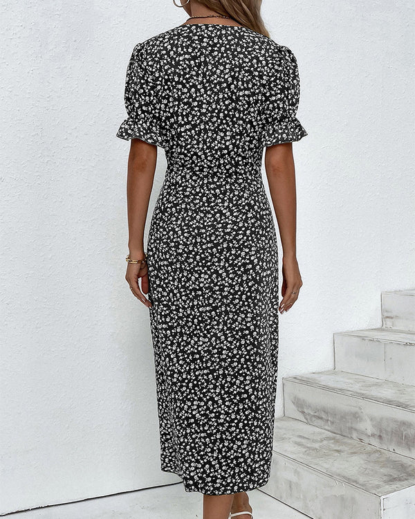 Women’s Floral Wrap Midi Dress with Ruffle Sleeves