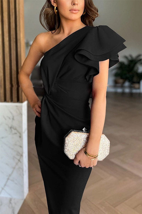 Women's One-Shoulder Maxi Dress with Ruffle Sleeve