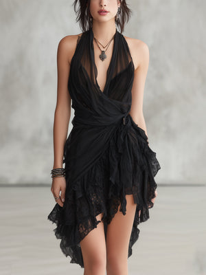 Women's Black Lace Halter Mini Dress with Asymmetric Design