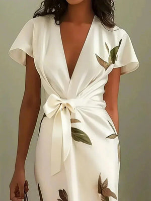 Vestido midi cruzado de mujer con mangas acampanadas