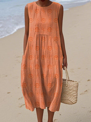 Women's Sleeveless Embroidered Midi Dress with Pockets