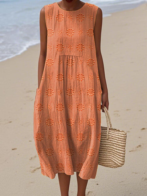 Women's Sleeveless Embroidered Midi Dress with Pockets