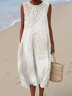 Women's Sleeveless Textured Midi Dress with Artistic Design