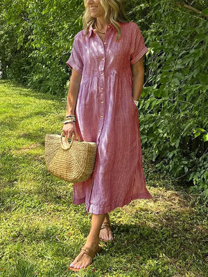 Women's Striped Button-Front Midi Dress with Relaxed Fit