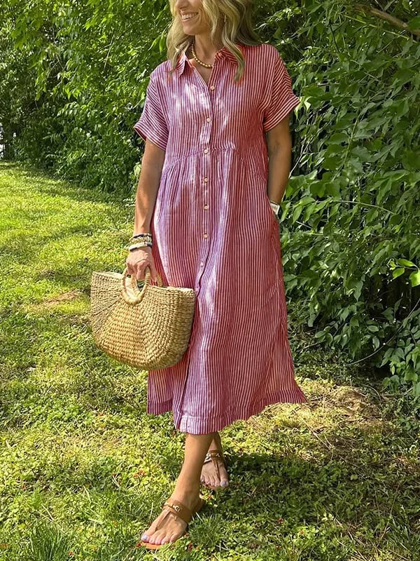 Women's Striped Button-Front Midi Dress with Relaxed Fit
