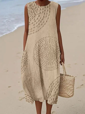 Women's Sleeveless Textured Midi Dress with Artistic Design