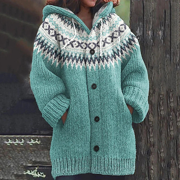 Women's Nordic Fair Isle Hooded Knit Cardigan