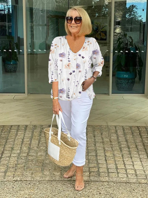 Women's Floral Print V-Neck Blouse with 3/4 Sleeves
