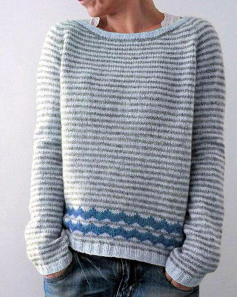Women's Striped Nordic Pattern Crew Neck Sweater