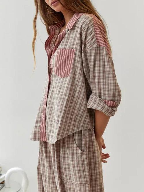 Women's Plaid Contrast Button-Up Pajama Set