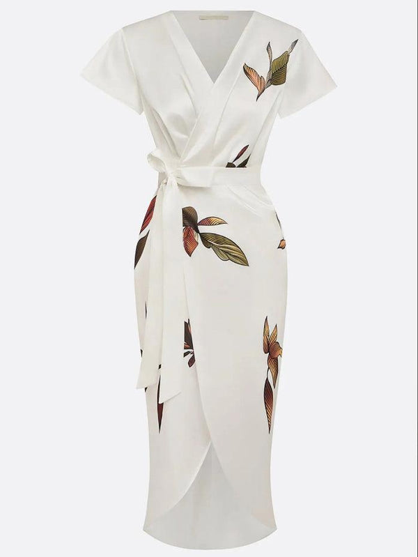 Vestido midi cruzado de mujer con mangas acampanadas