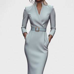 Vestido midi ajustado de mujer con cinturón, manga larga y escote en V