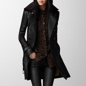 Women's Elegant Long Leather Coat with Tailored Silhouette