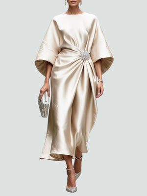 Women's Satin Midi Dress with Draped Waist