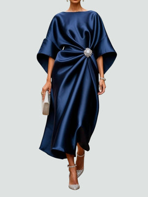Women's Satin Midi Dress with Draped Waist