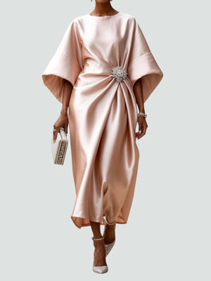 Women's Satin Midi Dress with Draped Waist
