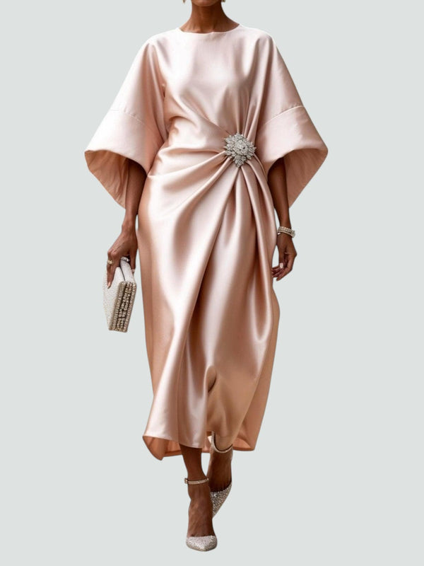 Women's Satin Midi Dress with Draped Waist