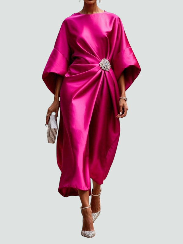 Women's Satin Midi Dress with Draped Waist