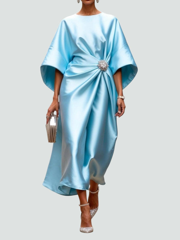 Women's Satin Midi Dress with Draped Waist