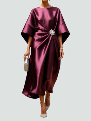 Women's Satin Midi Dress with Draped Waist