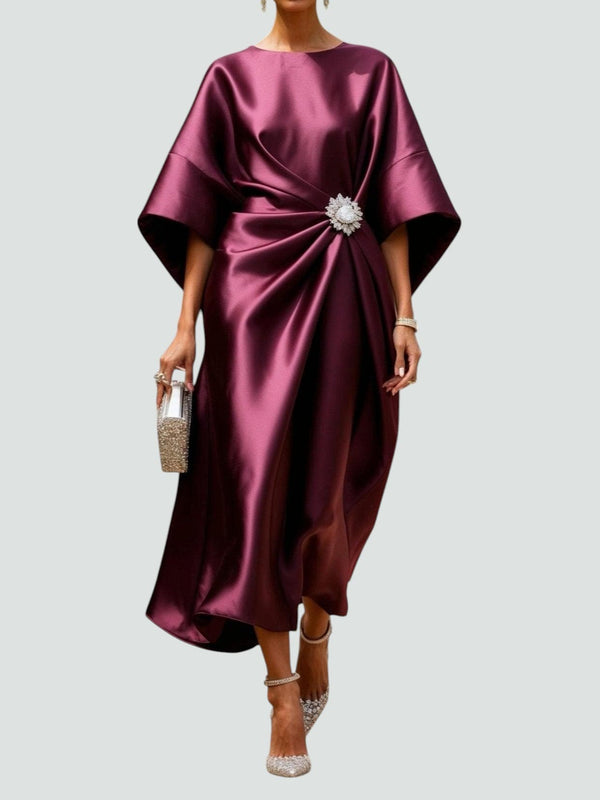 Women's Satin Midi Dress with Draped Waist