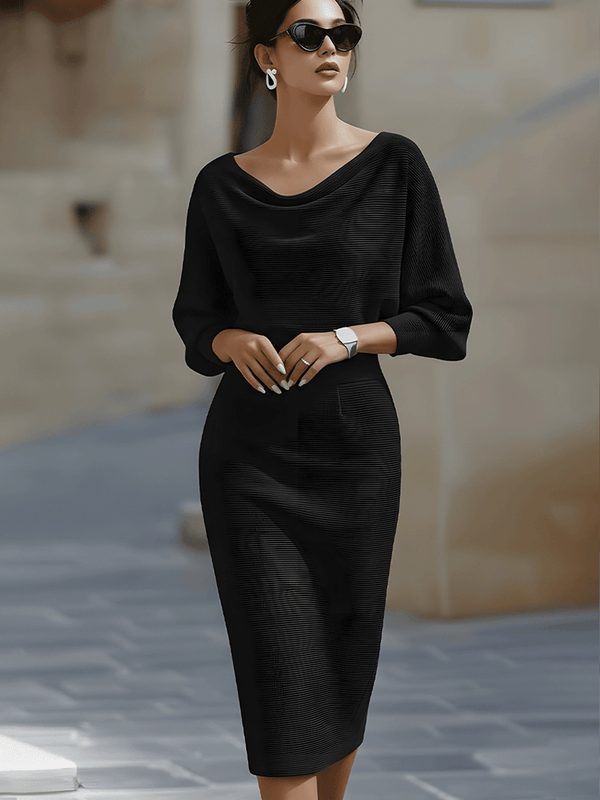 Women's Elegant Bodycon Midi Dress with Draped Neckline