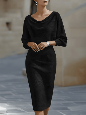 Women's Elegant Bodycon Midi Dress with Draped Neckline