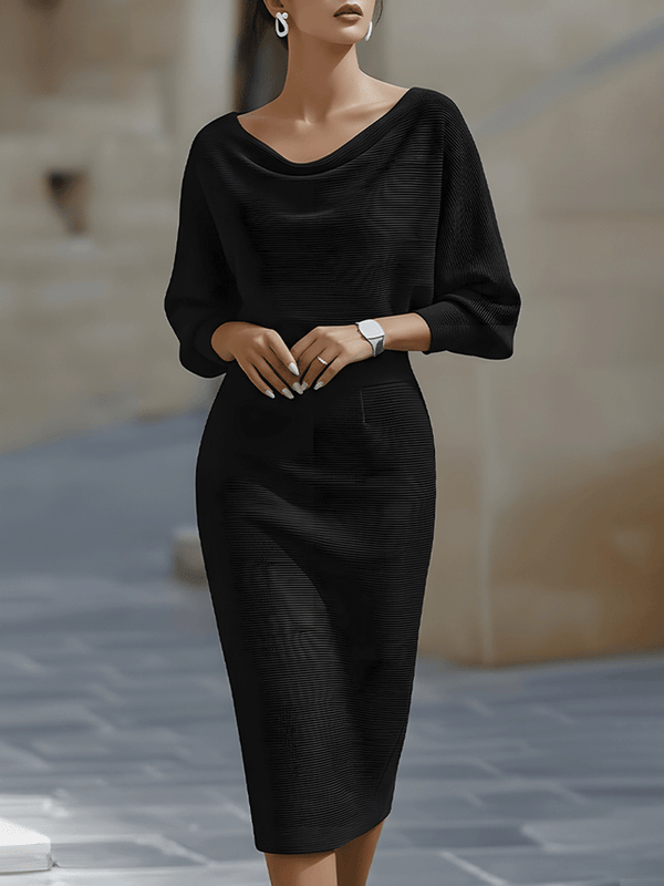 Women's Elegant Bodycon Midi Dress with Draped Neckline