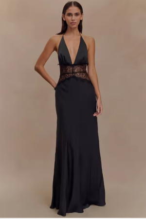 Women’s Deep V Halter Evening Gown with Lace Waist Detail