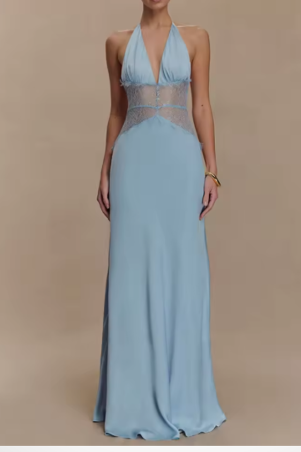 Women’s Deep V Halter Evening Gown with Lace Waist Detail