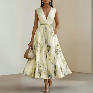 Women's Floral Print Sleeveless Midi Dress with Deep V-Neck