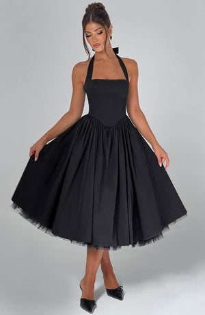 Vestido midi elegante de corte evasé en línea A para mujer