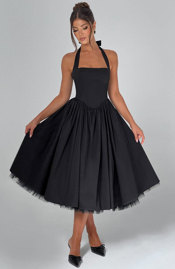 Vestido midi elegante de corte evasé en línea A para mujer