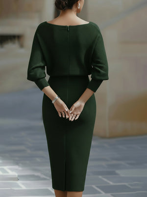 Women's Elegant Bodycon Midi Dress with Draped Neckline