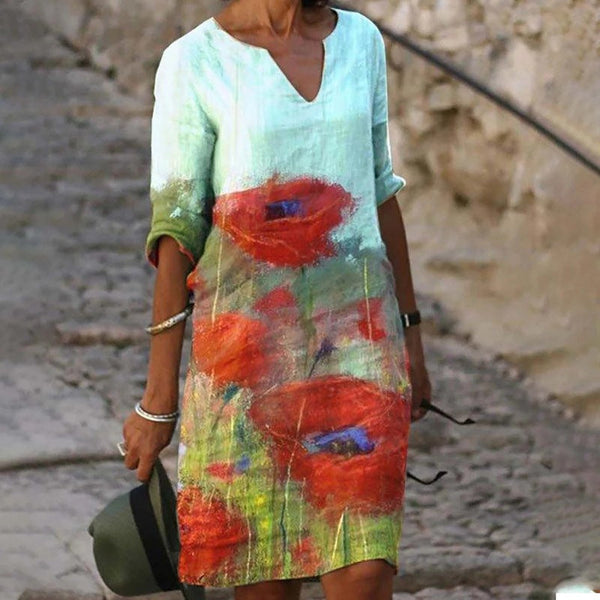 Women’s 3/4 Sleeve Floral Print V-Neck Midi Dress