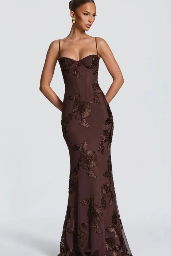 Women’s Floral Mermaid Strapless Lace-Up Back Formal Maxi Dress